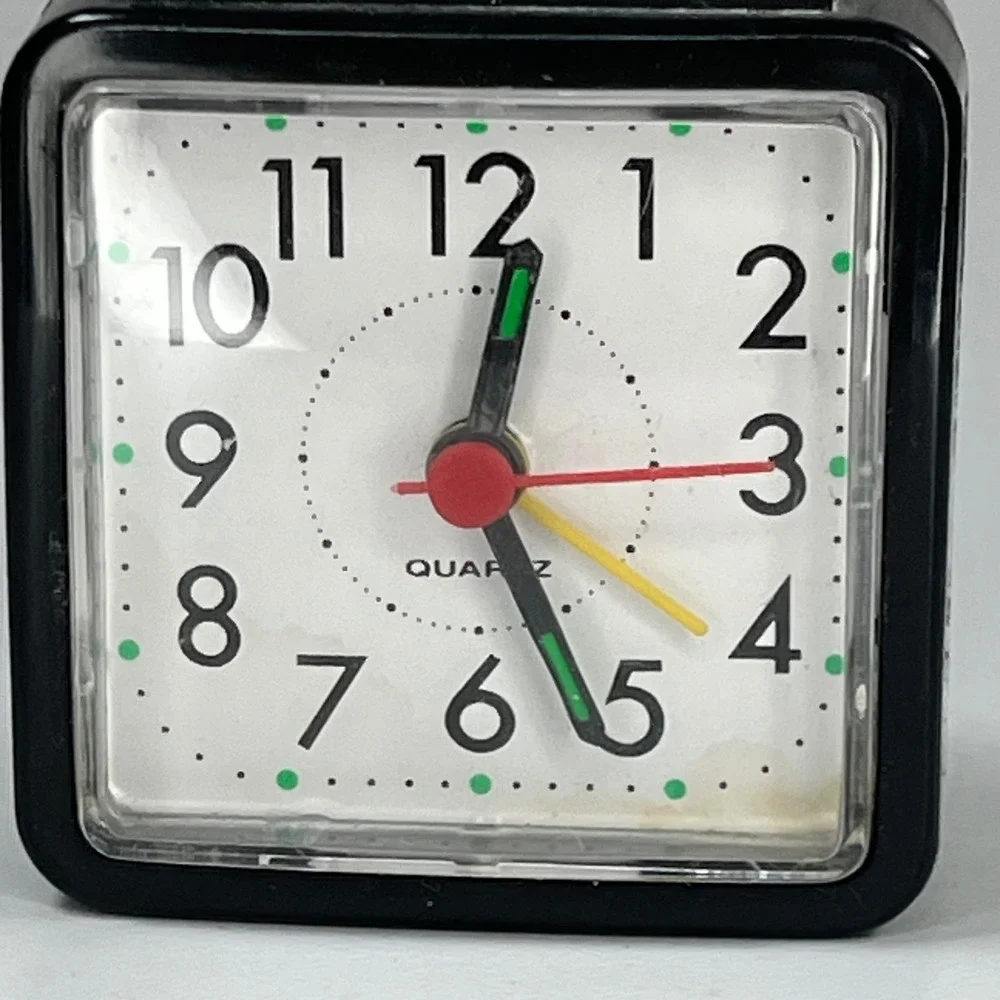 Vintage Style Mini Square Quartz Alarm Clock Black Battery Operated Travel Desk